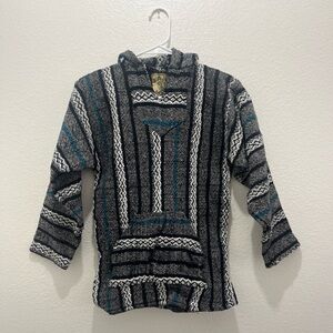 Baja Joe Black Blue White Poncho Hoodie Thick Sz S